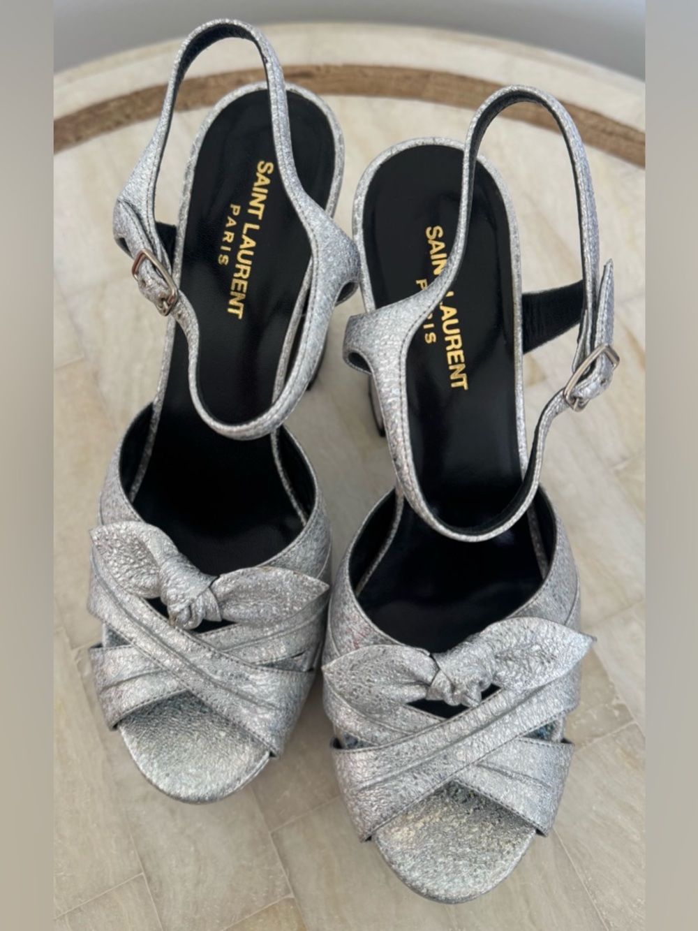 Saint Laurent Metallic Silver Knot Slingback Heels